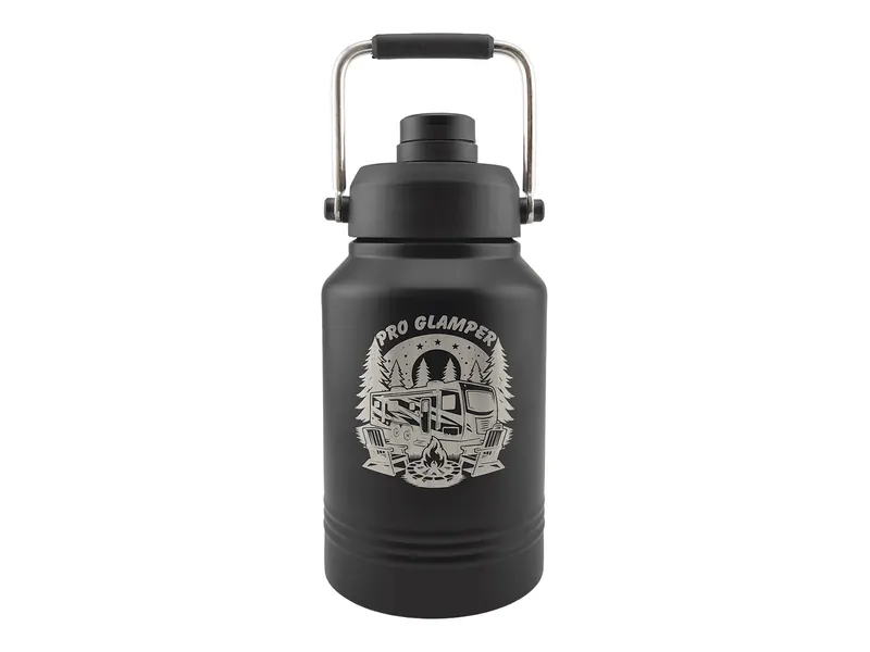 Polar Camel 64 oz jug in Black with its chug lid, shown with a sample engraving