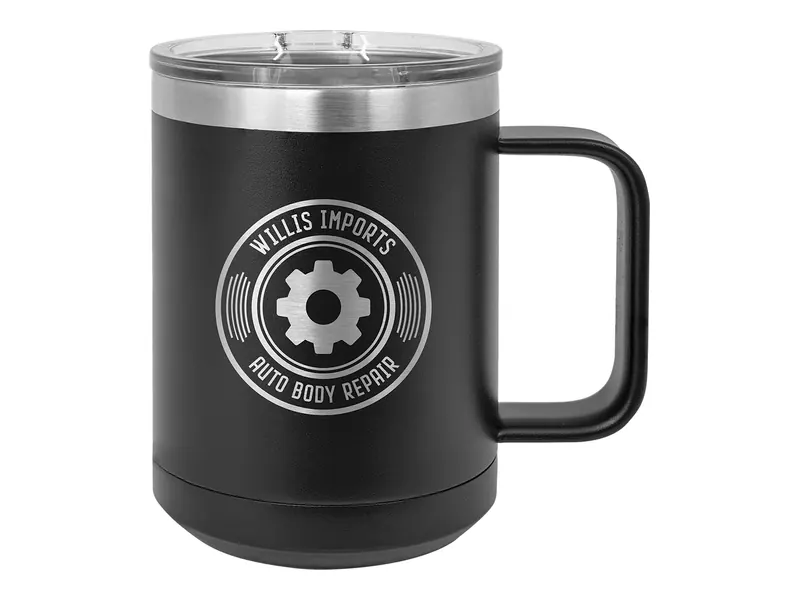 Polar Camel 15 oz mug in Black with its slider lid, shown with a sample engraving