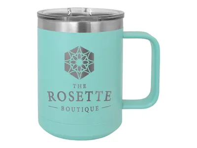 Polar Camel 15 oz mug in Teal with its slider lid, shown with a sample engraving
