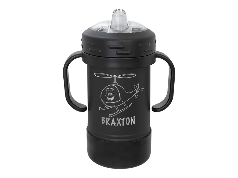 Polar Camel sippy cup in Black with its sippy lid, shown with a sample engraving