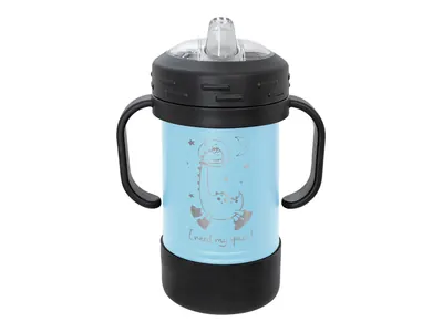 Polar Camel sippy cup in Light Blue with its sippy lid, shown with a sample engraving