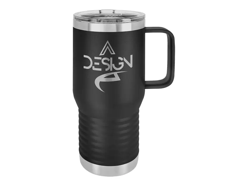 Polar Camel 20 oz travel mug in Black with its slider lid, shown with a sample engraving