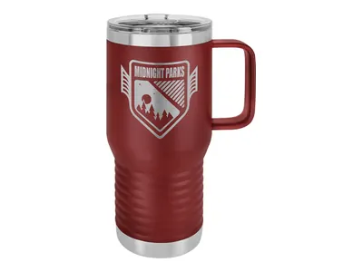 Polar Camel 20 oz travel mug in Maroon with its slider lid, shown with a sample engraving