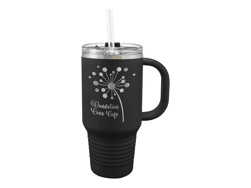 Polar Camel 32 oz travel mug in Black with its snap lid with straw, shown with a sample engraving