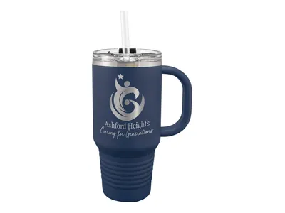 Polar Camel 32 oz travel mug in Navy Blue with its snap lid with straw, shown with a sample engraving