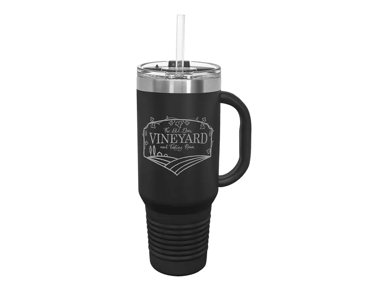 Polar Camel 40 oz travel mug in Black with its snap lid with straw, shown with a sample engraving