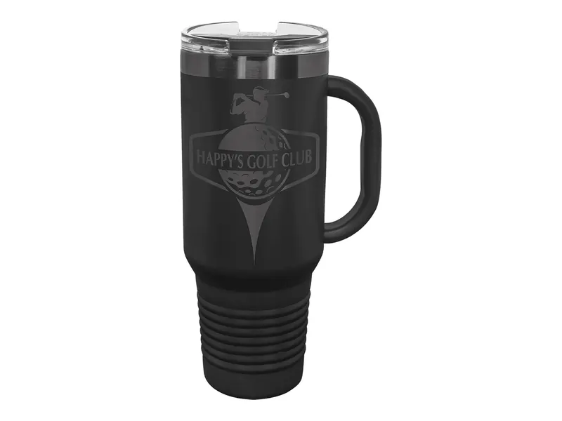 Polar Camel 40 oz travel mug in Black and Ghost Black with its straw lid, shown with a sample engraving
