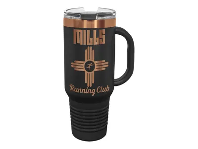 Polar Camel 40 oz travel mug in Black and Rose Gold with its straw lid, shown with a sample engraving