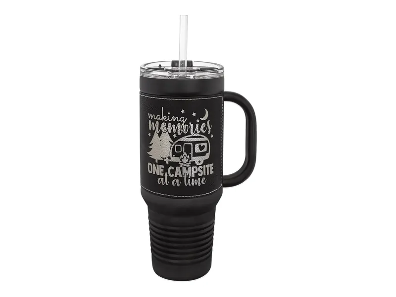 Polar Camel 40 oz travel mug in Black and Silver with its straw lid, shown with a sample engraving
