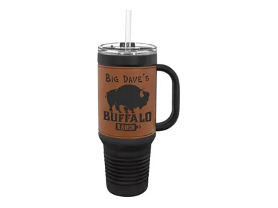 Polar Camel 40 oz travel mug in Rawhide with its straw lid, shown with a sample engraving