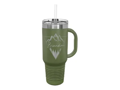 Polar Camel 40 oz travel mug in Olive Green with its snap lid with straw, shown with a sample engraving