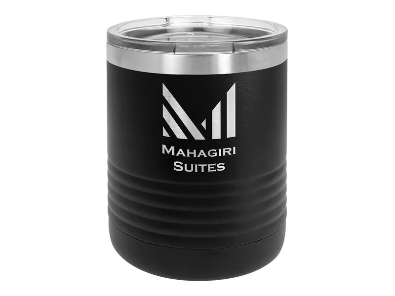 Polar Camel 10 oz tumbler in Black with its clear lid, shown with a sample engraving