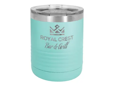 Polar Camel 10 oz tumbler in Teal with its clear lid, shown with a sample engraving