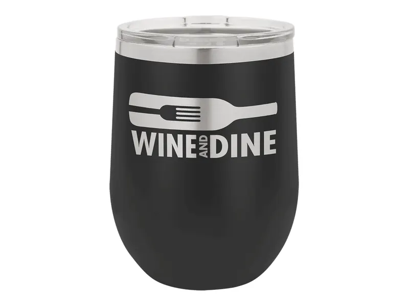Polar Camel 12 oz wine tumbler in Black with its clear lid, shown with a sample engraving