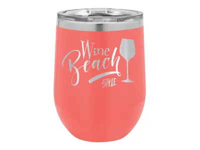 Polar Camel 12 oz wine tumbler in Coral with its clear lid, shown with a sample engraving