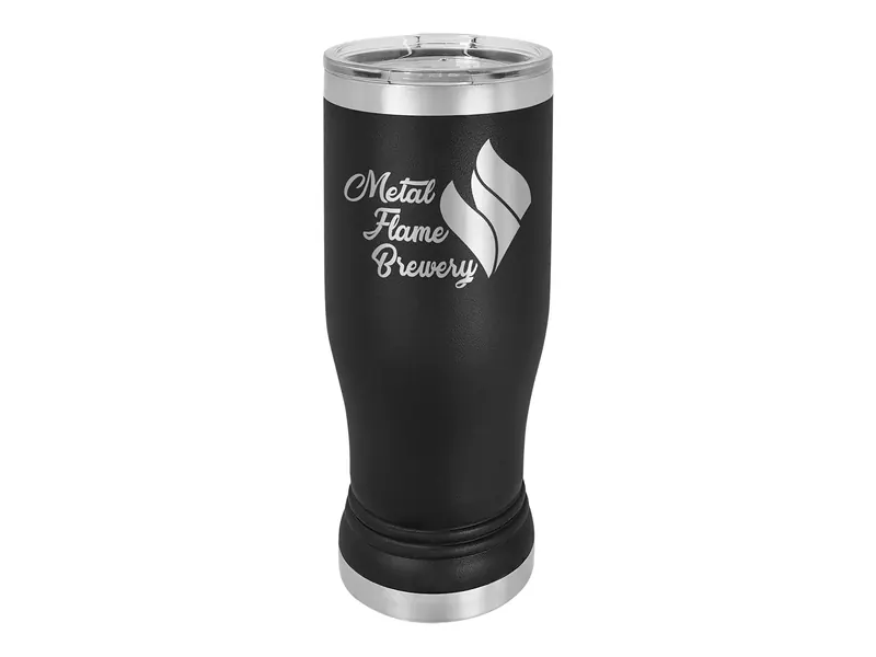 Polar Camel 14 oz pilsner in Black with its clear lid, shown with a sample engraving