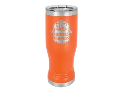 Polar Camel 14 oz pilsner in Orange with its clear lid, shown with a sample engraving