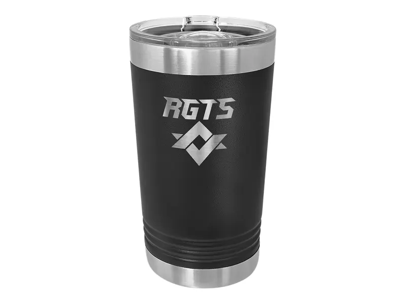 Polar Camel 16 oz pint in Black with its slider lid, shown with a sample engraving