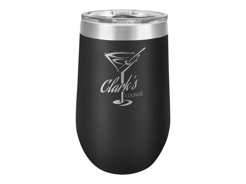 Polar Camel 16 oz wine tumbler in Black with its clear lid, shown with a sample engraving