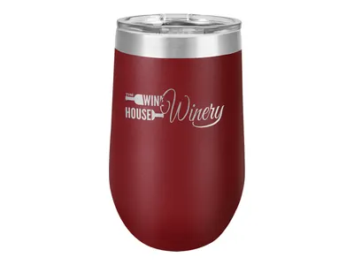 Polar Camel 16 oz wine tumbler in Maroon with its clear lid, shown with a sample engraving