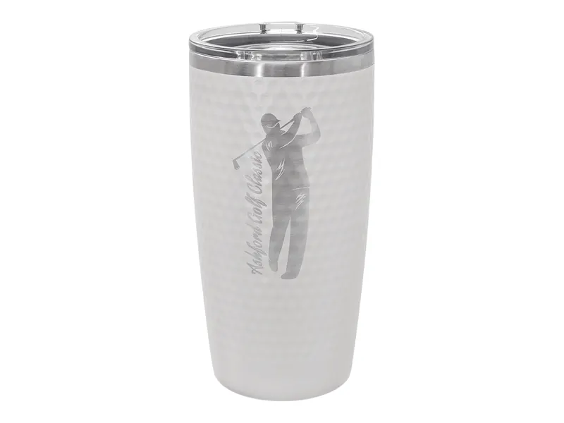Polar Camel 20 oz golf tumbler in White (full dimples) with its slider lid, shown with a sample engraving