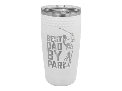 Polar Camel 20 oz golf tumbler in White (smooth center) with its slider lid, shown with a sample engraving