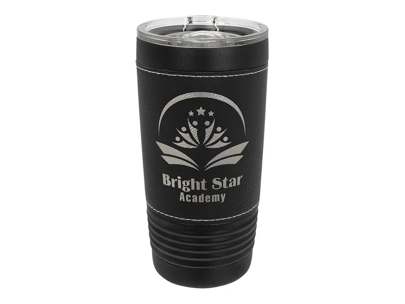 Polar Camel 20 oz leatherette tumbler in Black and Silver with its slider lid, shown with a sample engraving