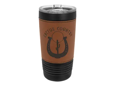 Polar Camel 20 oz leatherette tumbler in Rawhide with its slider lid, shown with a sample engraving