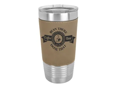 Polar Camel 20 oz leatherette tumbler in Light Brown with its clear lid, shown with a sample engraving