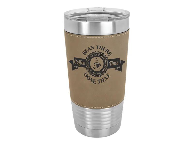 Polar Camel 20 oz leatherette tumbler in Light Brown with its clear lid, shown with a sample engraving