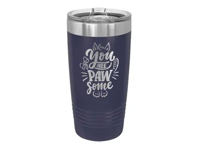 Polar Camel 20 oz tumbler in Navy Blue with its slider lid, shown with a sample engraving