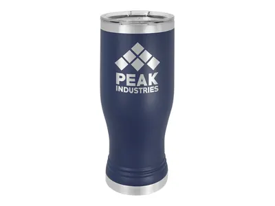 Polar Camel 20 oz pilsner in Navy Blue with its clear lid, shown with a sample engraving