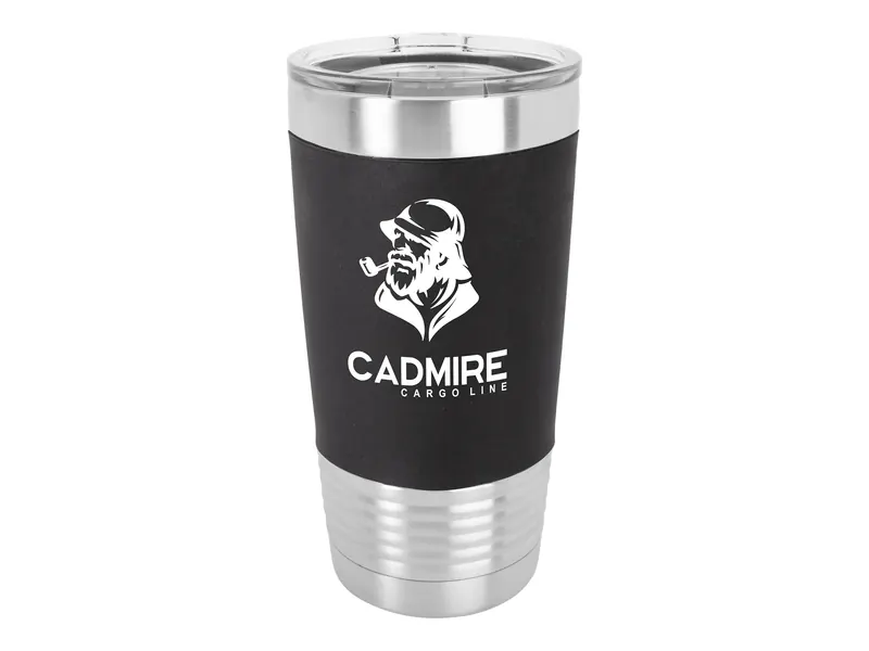 Polar Camel 20 oz grip tumbler in Black and White with its clear lid, shown with a sample engraving