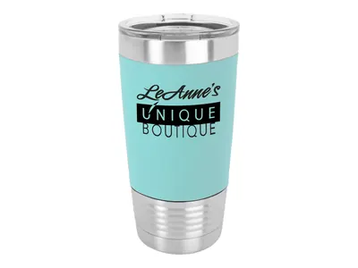 Polar Camel 20 oz grip tumbler in Teal and Black with its clear lid, shown with a sample engraving
