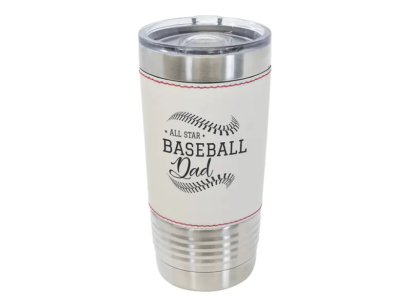 Polar Camel 20 oz sports tumbler in Baseball with its slider lid, shown with a sample engraving