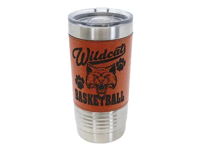 Polar Camel 20 oz sports tumbler in Basketball with its slider lid, shown with a sample engraving
