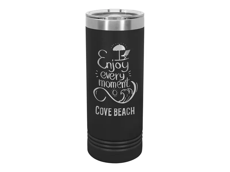 Polar Camel 22 oz skinny tumbler in Black with its slider lid, shown with a sample engraving