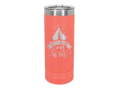 Polar Camel 22 oz skinny tumbler in Coral with its slider lid, shown with a sample engraving