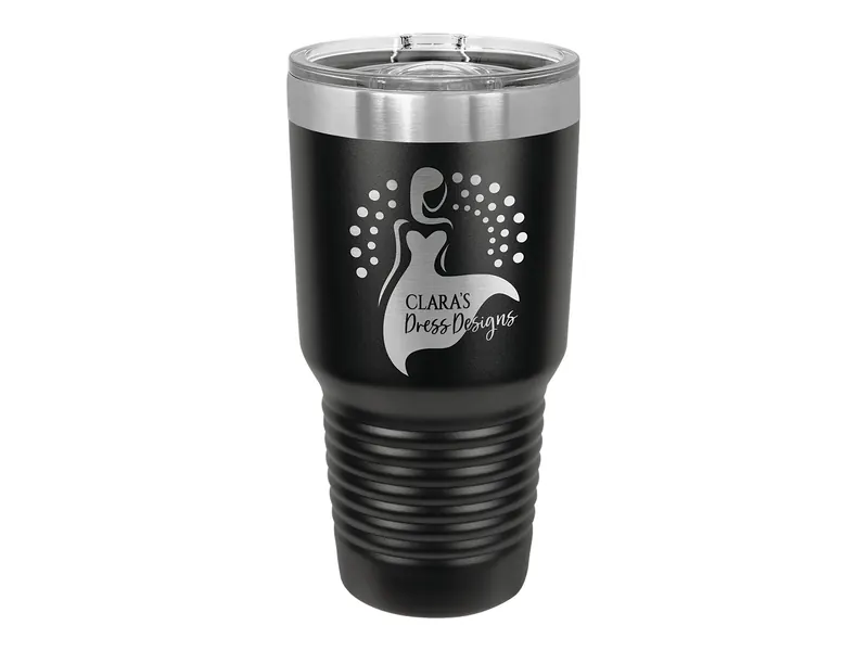Polar Camel 30 oz tumbler in Black with its slider lid, shown with a sample engraving