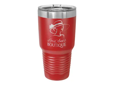 Polar Camel 30 oz tumbler in Red with its slider lid, shown with a sample engraving