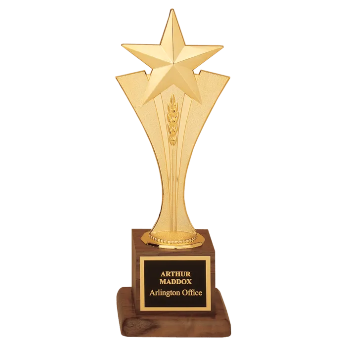 Modern Goldtone Star Casting on a Walnut Finish Base with Laserable Black Brass Plate