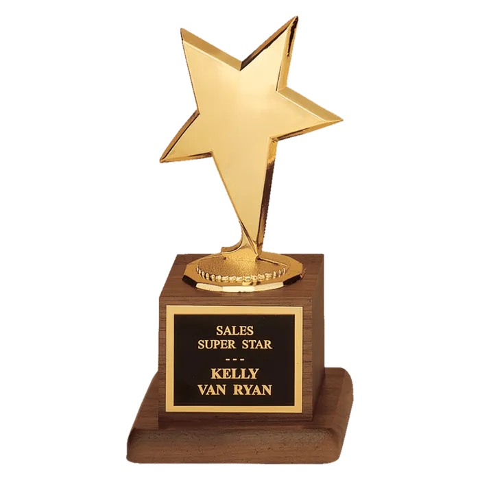 Modern Star Casting in Goldtone Finish on Walnut Finish Base with Black Laserable Plate