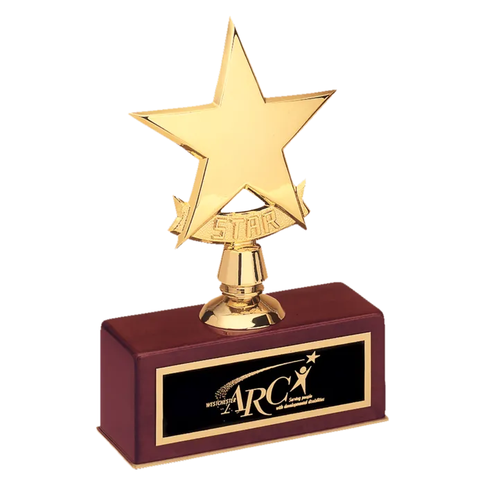Polished Metal Goldtone Star Casting on Rosewood Piano Finish Base with Laserable Black Brass Plate