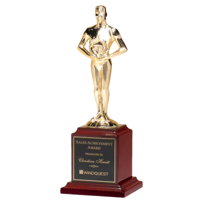 9" Cast Metal Goldtone Finish Classic Achiever Figure on a Rosewood Piano Finish Base with a Black Laserable Plate