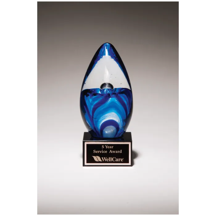 6 1/2" Blue Egg Shaped Art Glass on Black Glass Base with Black Laserable Aluminum Plate