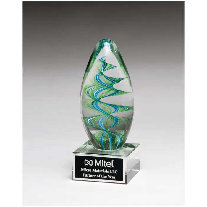 6 1/2" Blue and Green Helix Egg Shaped Art Glass on Clear Glass Base with Black Laserable Aluminum Plate