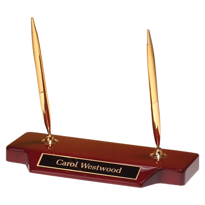 Double Gold-Tone Pen Set on Rosewood Piano Finish Base with Black Brass Plate