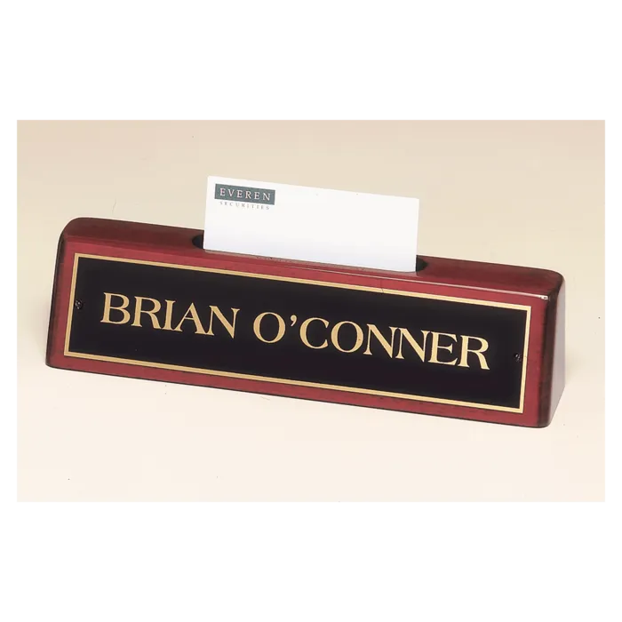 Rosewood Piano Finish Nameplate with Business Card Holder with Black Plate