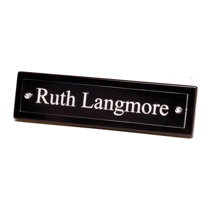 Black Piano Finish Nameplate with Acrylic Engraving Plate, Two Silver Posts