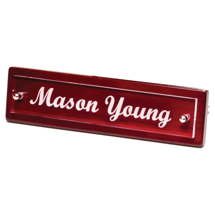 Rosewood Piano Finish Nameplate with Acrylic Engraving Plate, Two Silver Posts